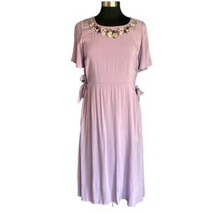Sweetsalt Modest Purple Midi Dress Embroidered Neckline SM Cottagecore Fairy